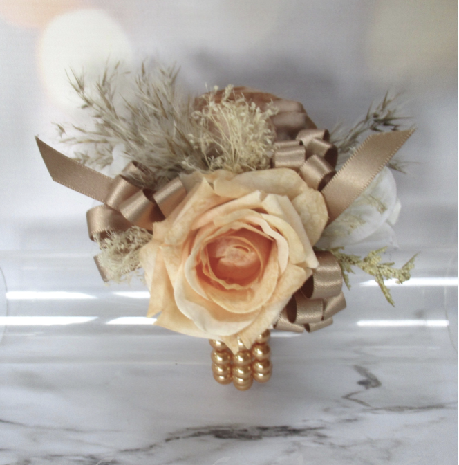 Boho inspired Taupe/Latte Dried look flower Wrist Corsage